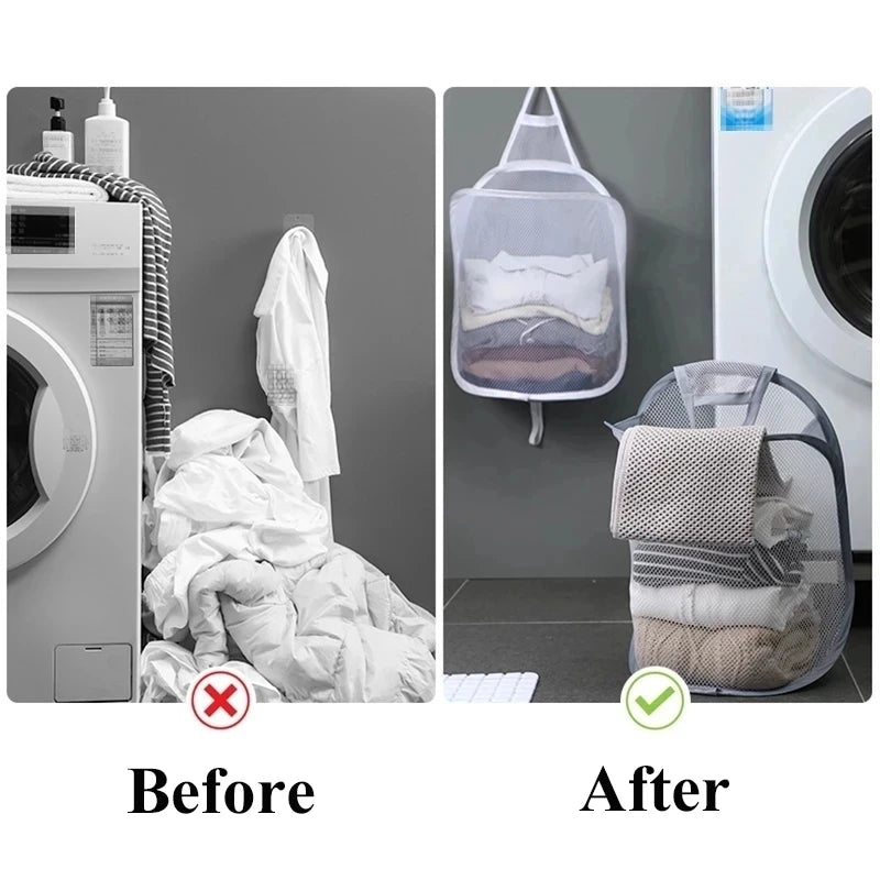 Wall Hanging Dirty Clothes Storage Basket Bathroom Foldable Clothes Baskets Dirty Clothes Net Pocket Laundry Organzier Mesh Bag