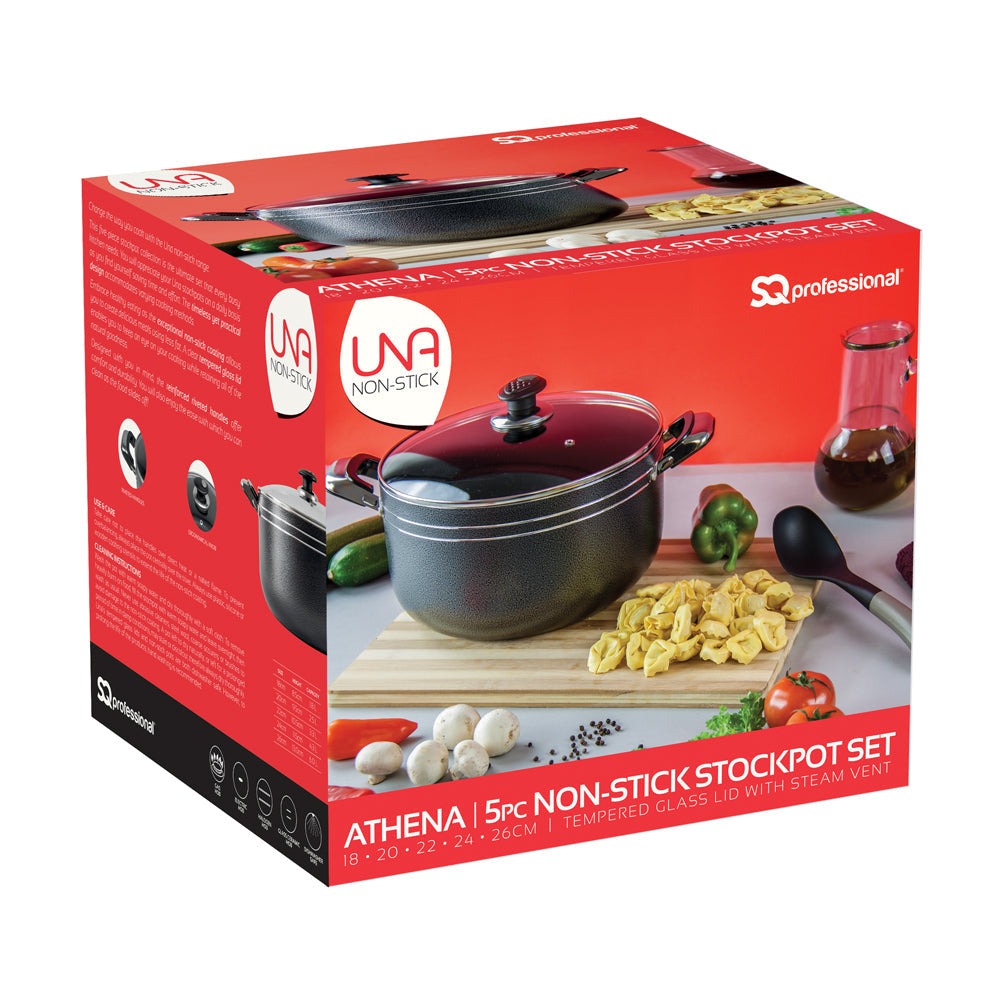 Una Nonstick Stockpot 5 Pack Athena Kitchen Dish Black 2733 18-20-22-24-26cm (Big Parcel Rate)P