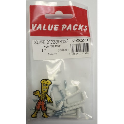 1" Square PVC Dresser Hooks White 2920 (Large Letter Rate)