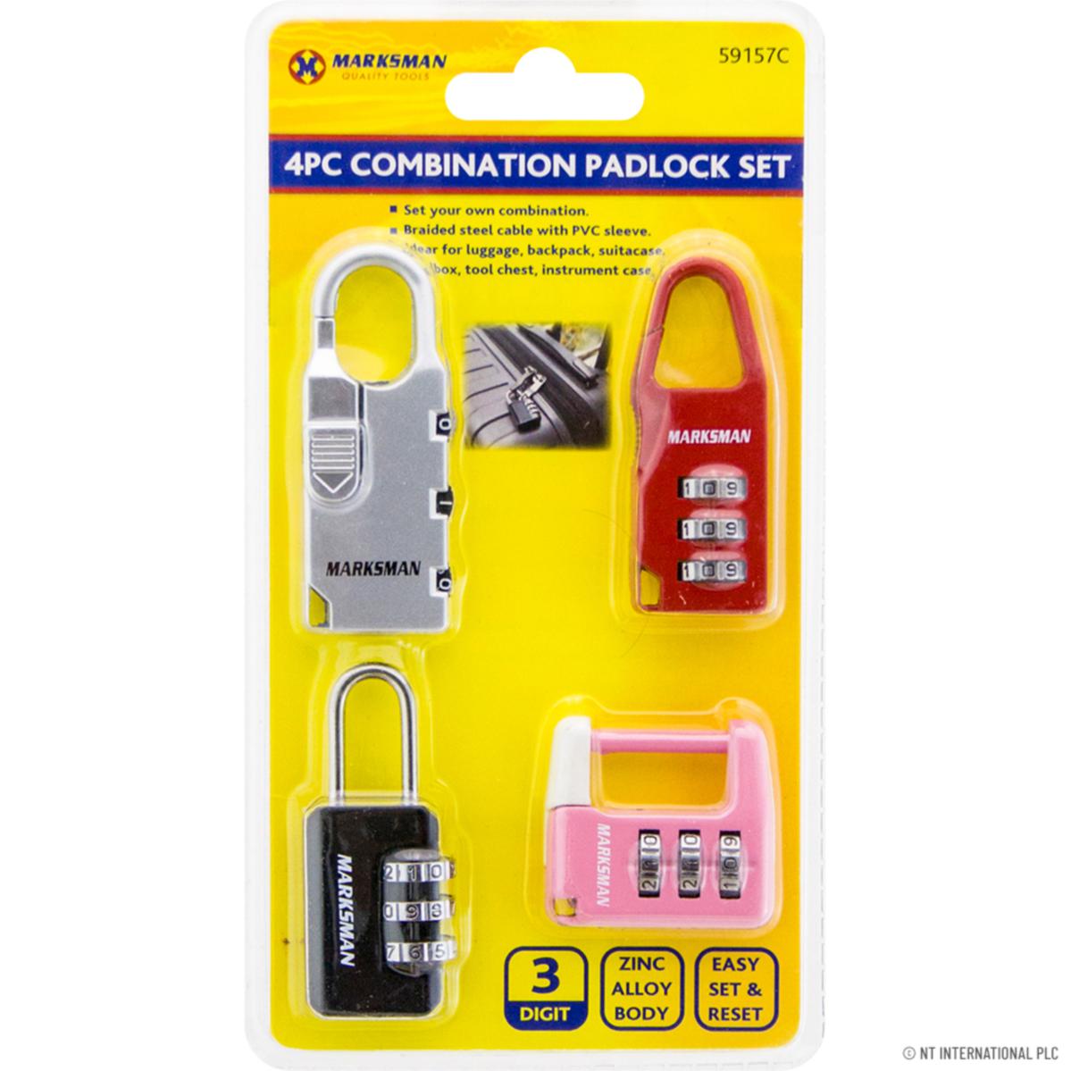 4pc 3 Digit Combination Padlock Set Home Travel Diy 59157C (Parcel Rate)