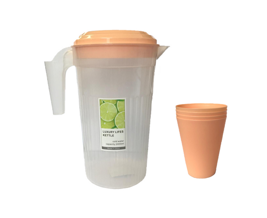 Transparent Plastic Water Juice Pitcher Jug with Cups 2400ml Assorted Colours 7435 (Parcel Rate)