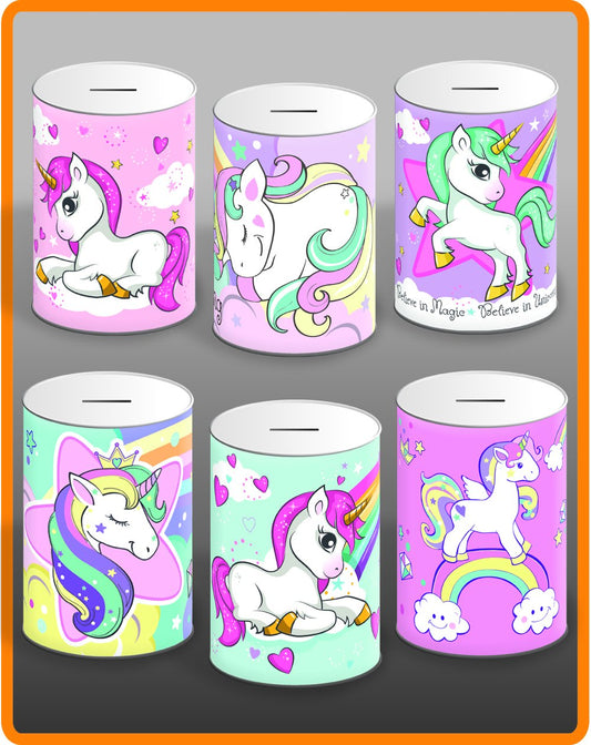 6 Assorted Styles Unicorn Money Tin 145mm x 110mm UNI001 (Parcel Rate)p