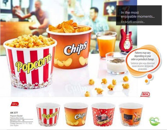 Traditional Red Popcorn / Chips Bucket Plastic Home Movie Night 17cm x 13cm Assorted Designs AK577 (Parcel Rate)